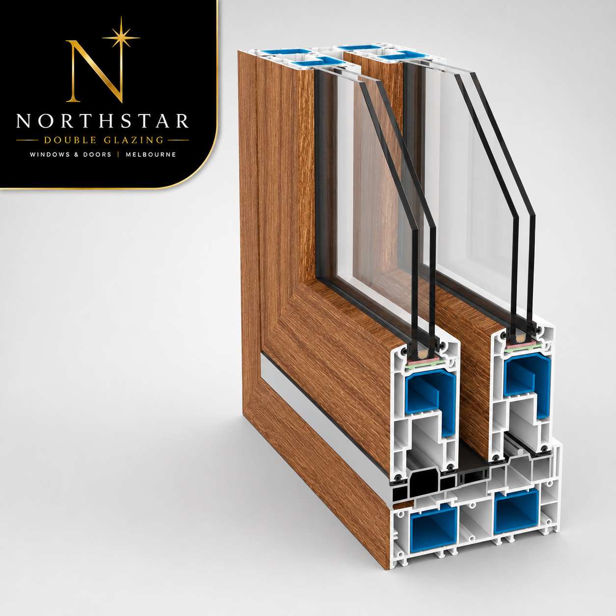 Northstar Lift & Slide profile cutaway corner sample showing the internal chambers of a Northstar uPVC frame