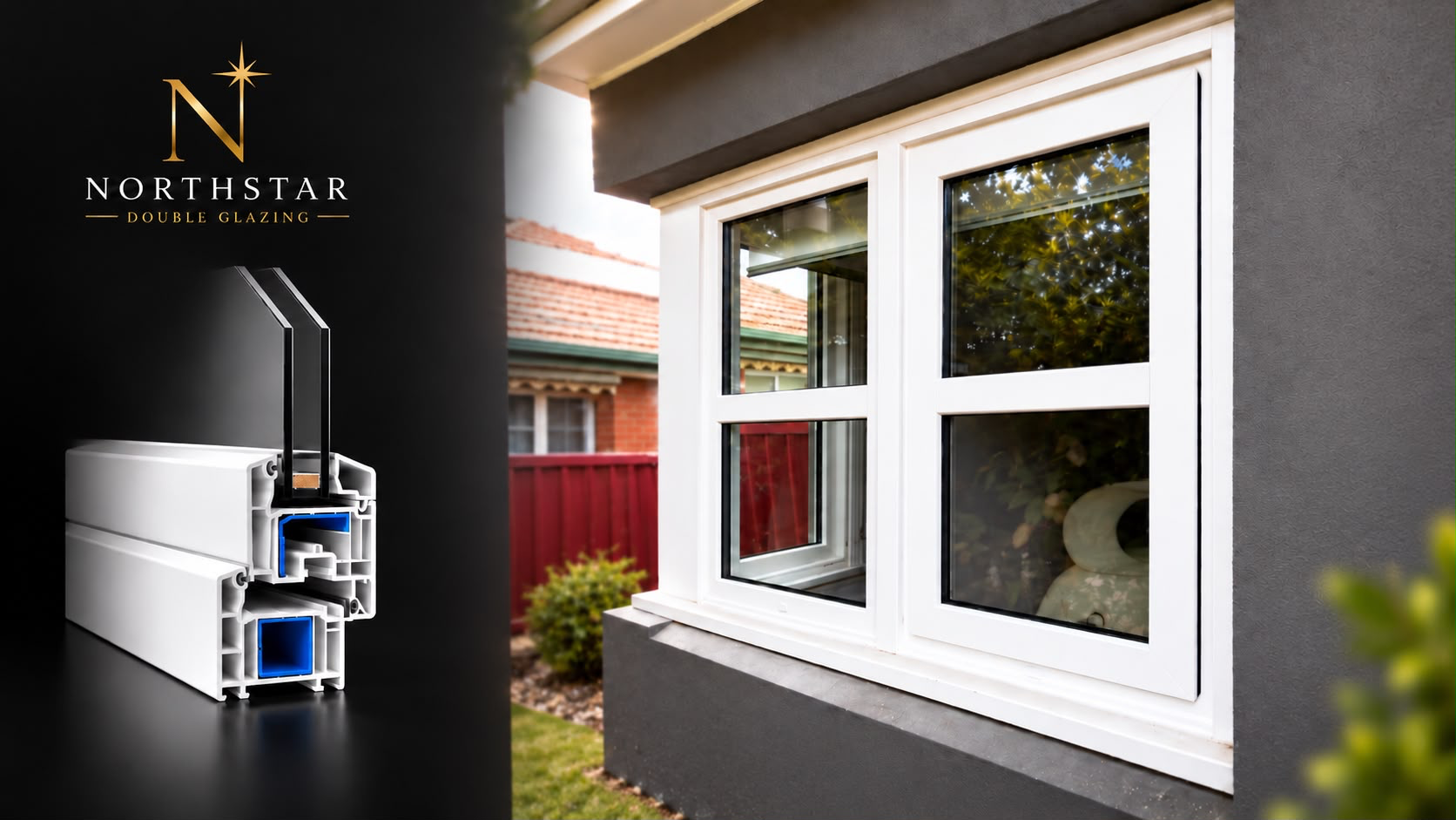 Northstar uPVC window profile cross-section beside completed white double glazed window