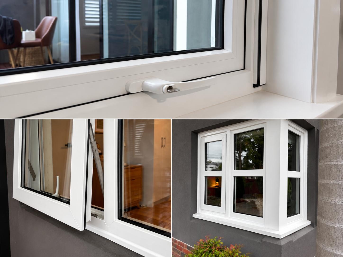 White uPVC bay window with awning sash, viewed from inside