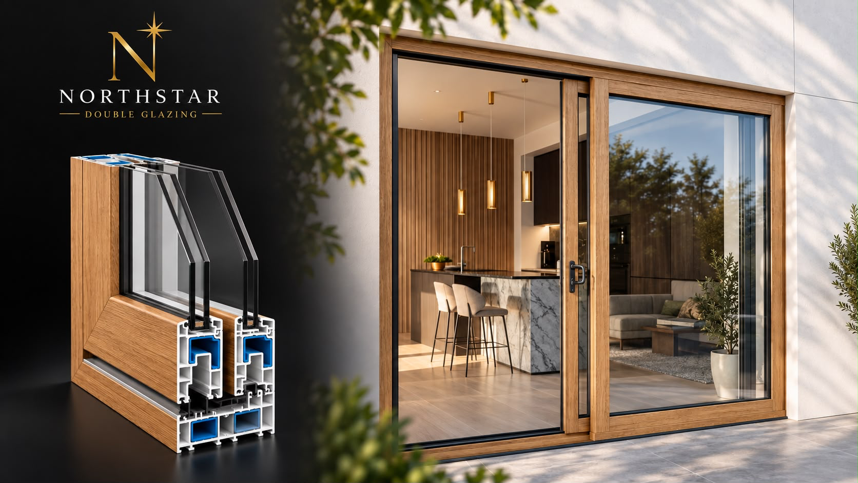 Timber-look uPVC sliding door with profile cross-section and Northstar branding