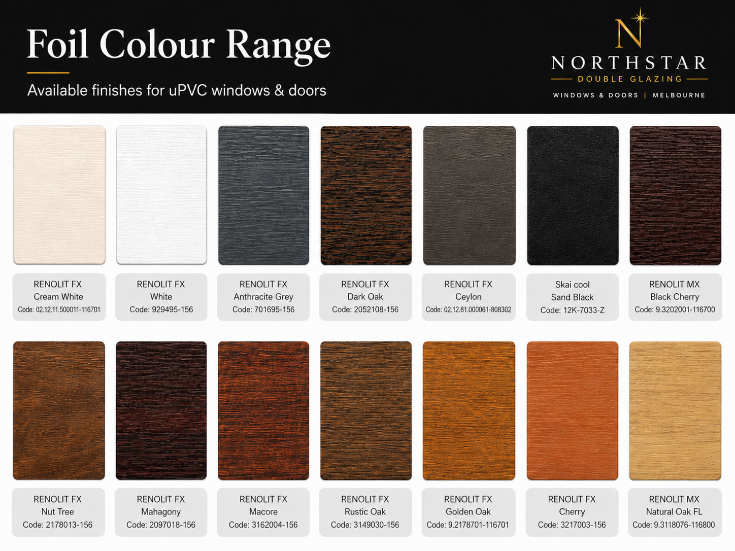 Northstar foil colour range for uPVC windows and doors, including white, anthracite grey, black and woodgrain finishes