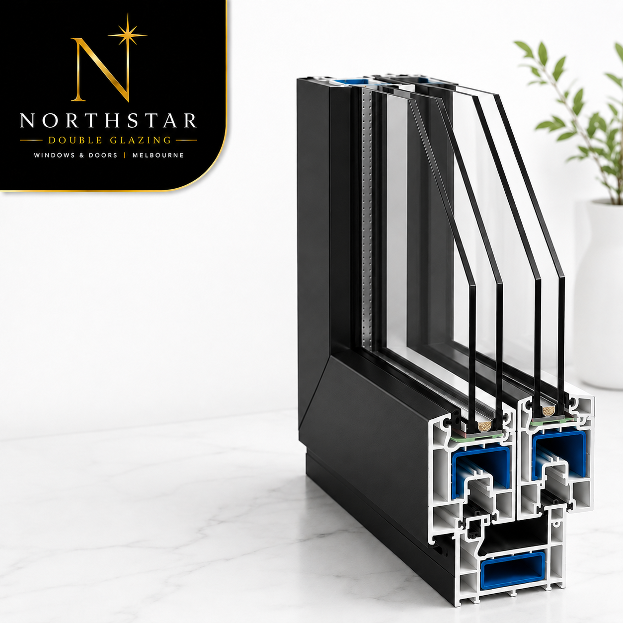 Northstar Sliding Door profile cutaway corner sample showing the internal chambers of a Northstar uPVC frame