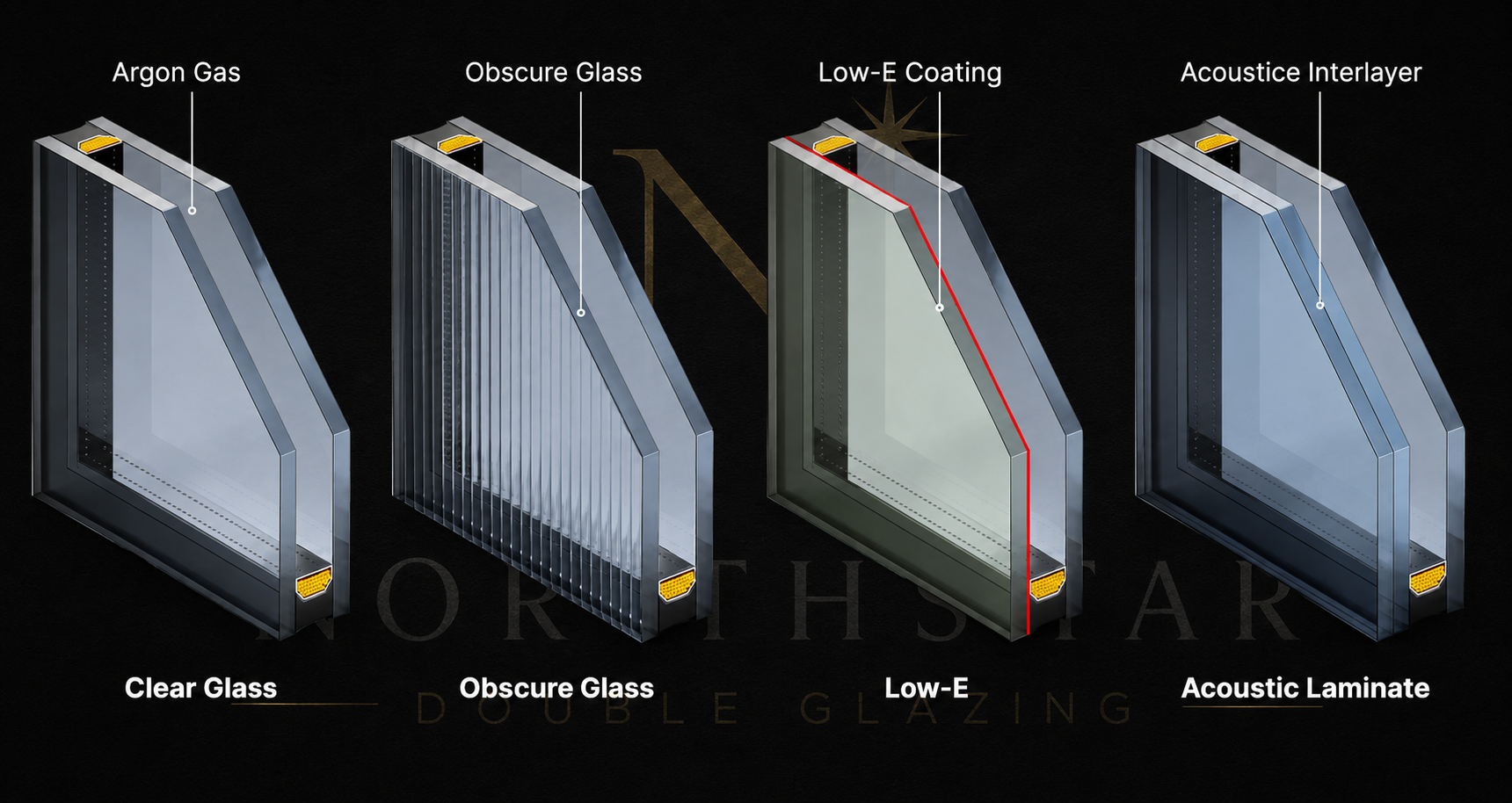 Cutaway diagram comparing clear, obscure, Low-E and acoustic laminate double glazed units with argon fill